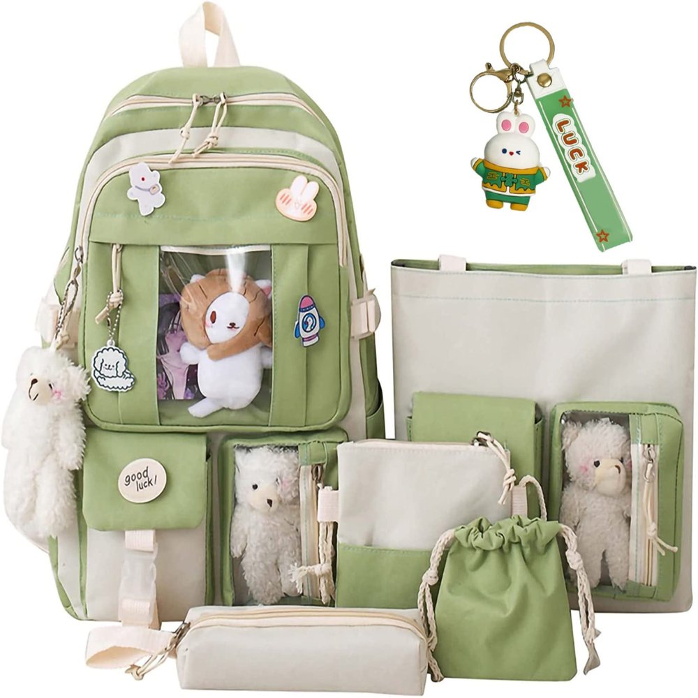 AIDISEN Kawaii Backpack 5pcs Set 17in Aesthetic sports bag with Cute Backpack, Shoulder Bag, Pencil Box, Tote Bag, Small Bag (Green backpack)