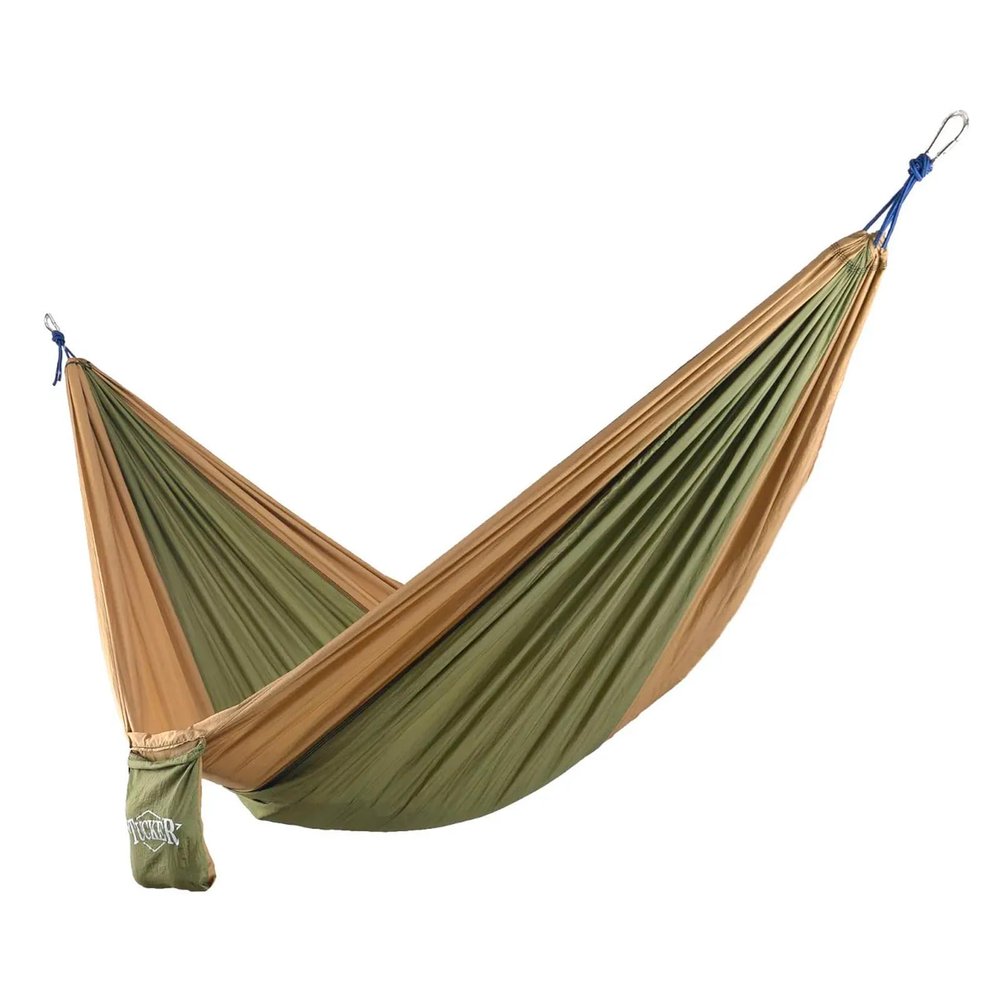 Tucker Day Trip Portable Compact Durable Lightweight 10T Parachute Nylon Outdoor Camping Hammock with Steel Carabiners, Tree-Safe Straps & Built-in Drawstring Pouch, Ovile Green/Tan