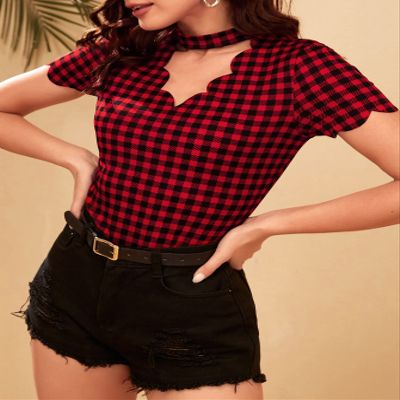AIEBO Women's Shirts Women's Tops Shirts for Women Choker Neck Scallop Trim Gingham Top (Color : Multicolor, Size : X-Small)