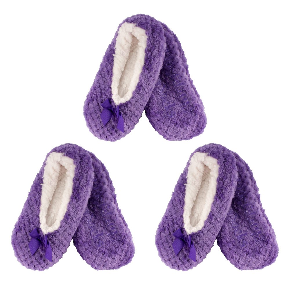 BambooMN Soft Touch Warm Cozy Fuzzy Non-Slip Lined Slip-On Slippers Socks for Adult Women, Indoor Travel House Slippers, Size Medium, Lilac Spray, 3 Pairs
