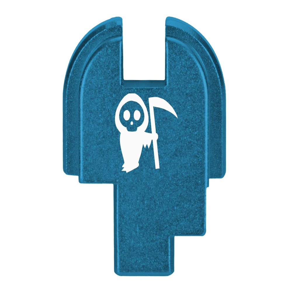 NDZ Performance Slide Cover Back Plate for Springfield Hellcat, Hellcat Pro & Comp  Blue Laser Engraved Anodized Aluminum  USA Made  Grim Reaper Baby