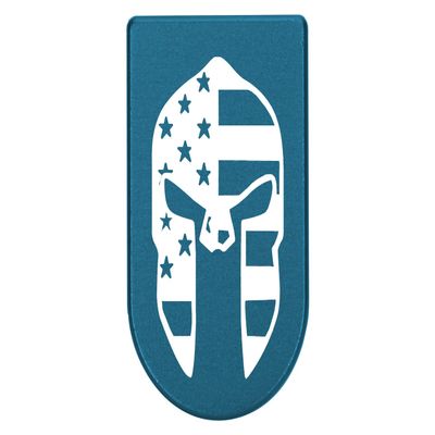 NDZ Performance Magazine Base Plate with Finger Extension for Springfield Hellcat 10 Round 9mm Blue Laser Engraved Aluminum Spartan Helmet US Flag USA Made