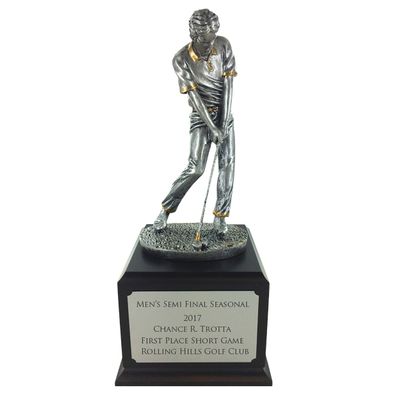 SHOP AWARDS AND GIFTS 12.5-Inch Male Golf Trophy Award Figurine Statue, Tournament, Championship, Golfing Prizes and Gifts, Customizable, Antiqued Silver/Gold Resin