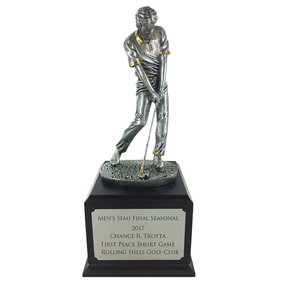 SHOP AWARDS AND GIFTS 12.5-Inch Male Golf Trophy Award Figurine Statue, Tournament, Championship, Golfing Prizes and Gifts, Customizable, Antiqued Silver/Gold Resin