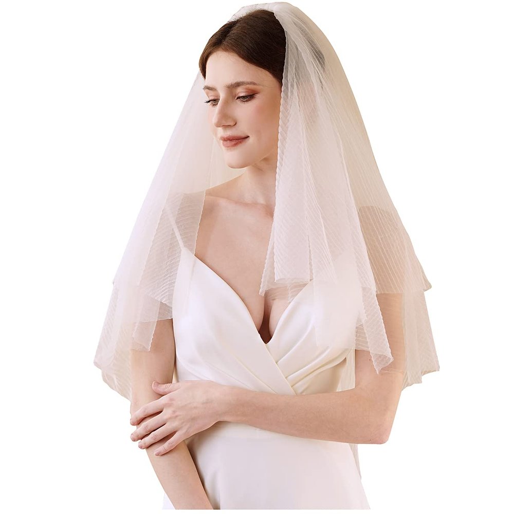 EllieWely 2 Tier Pleated Tulle Wedding Bridal Veil With Metal Comb F26