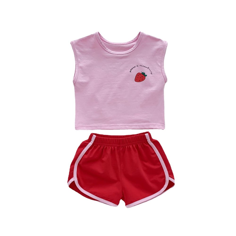 Newborn Infant Baby Girls Autumn Strawberry Print Sleeveless Vest Shorts Outfits Set Clothes Girls (Pink, 0-6 Months)