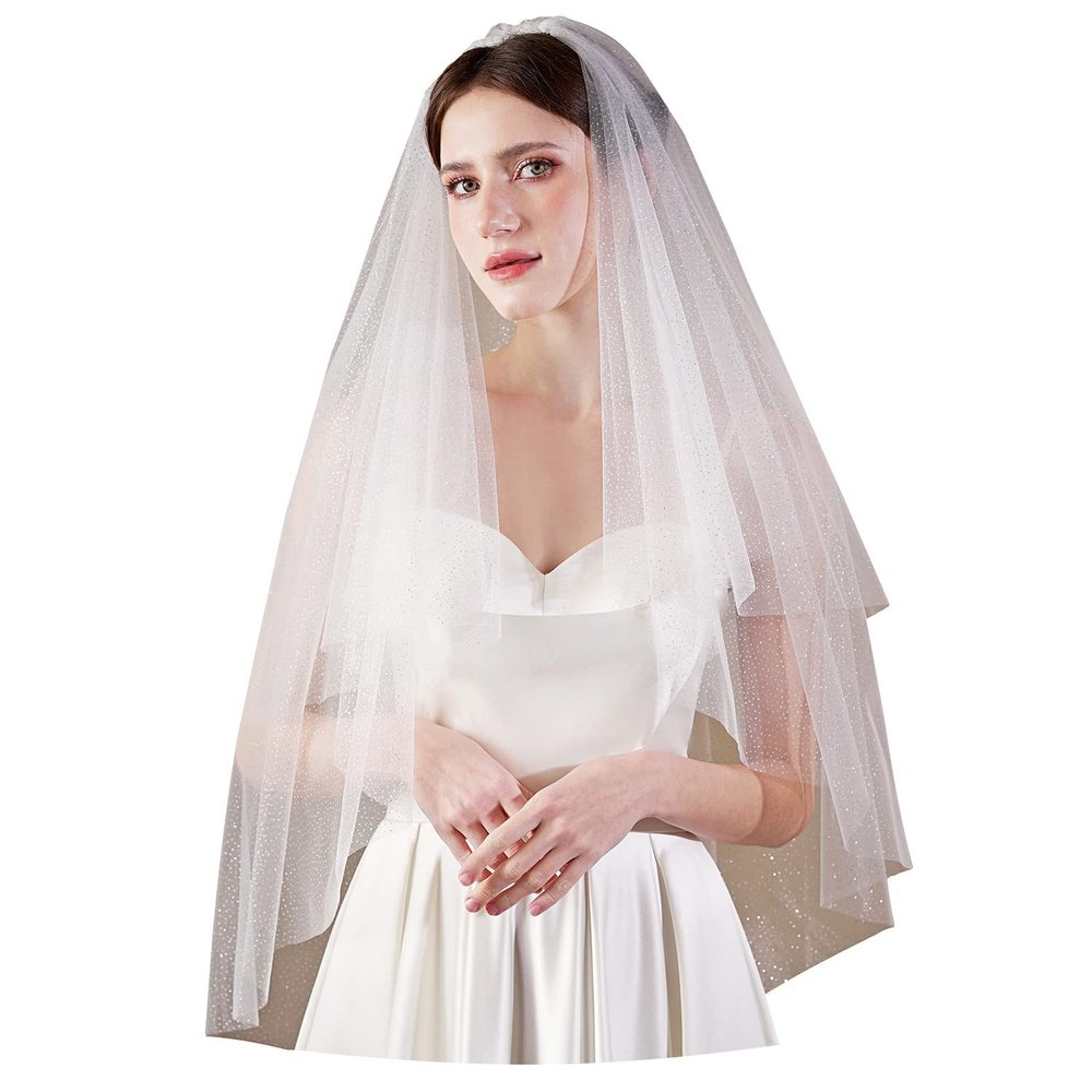 EllieWely 2 Tier Glitter Tulle Wedding Bridal Veil With Metal Comb F40