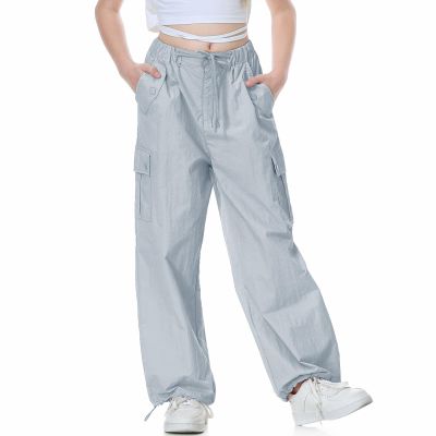 Rolanko Girls Parachute Pants, Cargo Pants for Girls Y2K Loose Jogger Trousers with Pockets Streetwear Dance (Blue, 12-14)