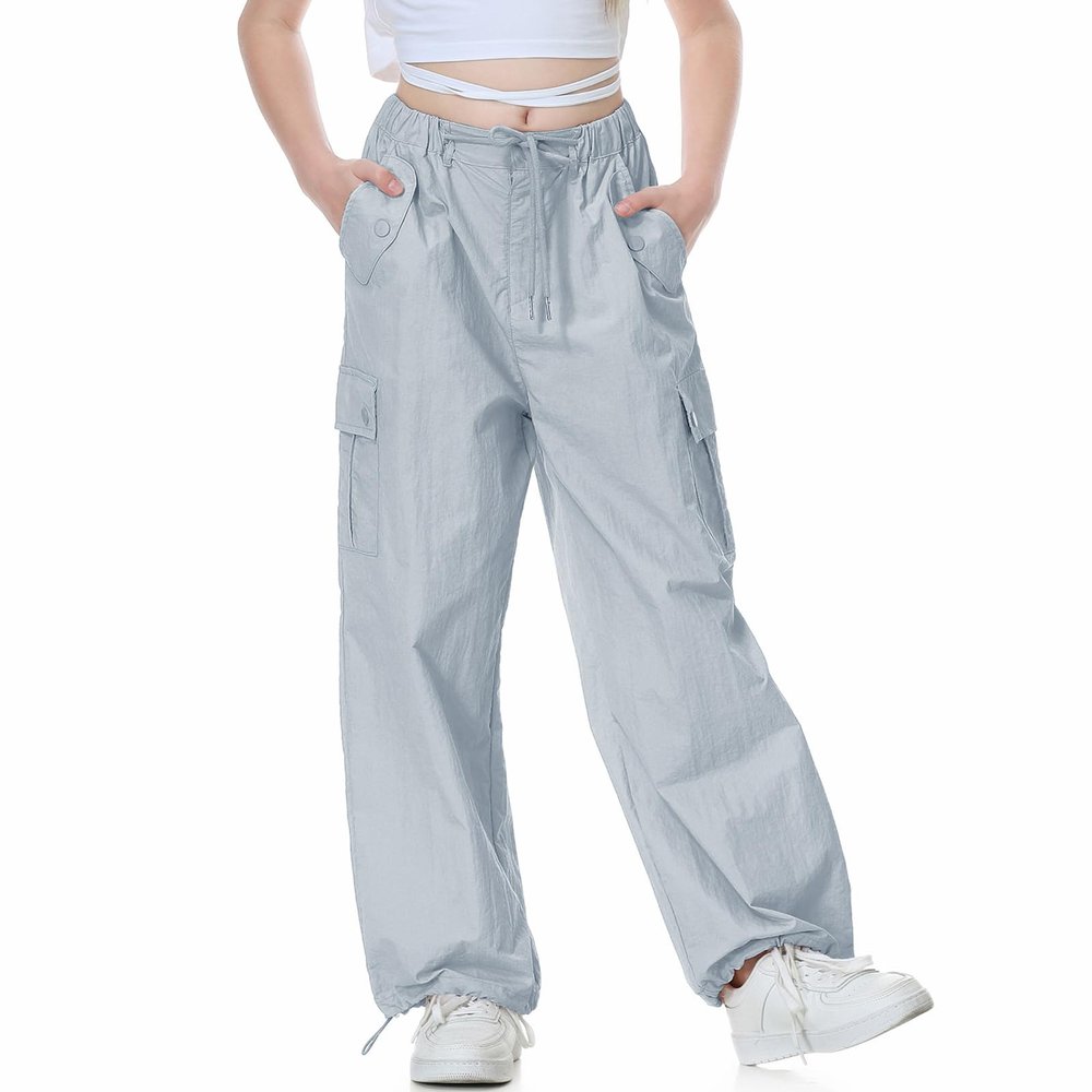 Rolanko Girls Parachute Pants, Cargo Pants for Girls Y2K Loose Jogger Trousers with Pockets Streetwear Dance (Blue, 12-14)