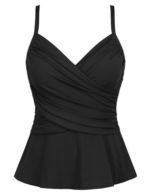 coastal rose Women's Black Tankini Bathing Suit Tummy Control Top Wrap Shirred Swimwear No Bottom Vintage V Neck Swimsuits US8