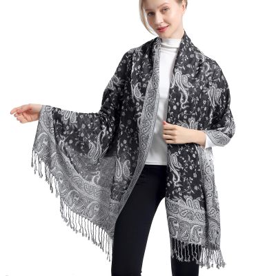 Ciormis Black and White Paisley ScarfFringe Pashmina and Wraps for Ladies Evening DressesStyle 1-Black & White