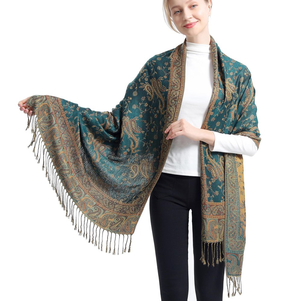 Ciormis Paisley Pattern Pashmina Scarf Fringed Pashmina and Shawl for Evening DressesStyle 1-Dark Seagreen