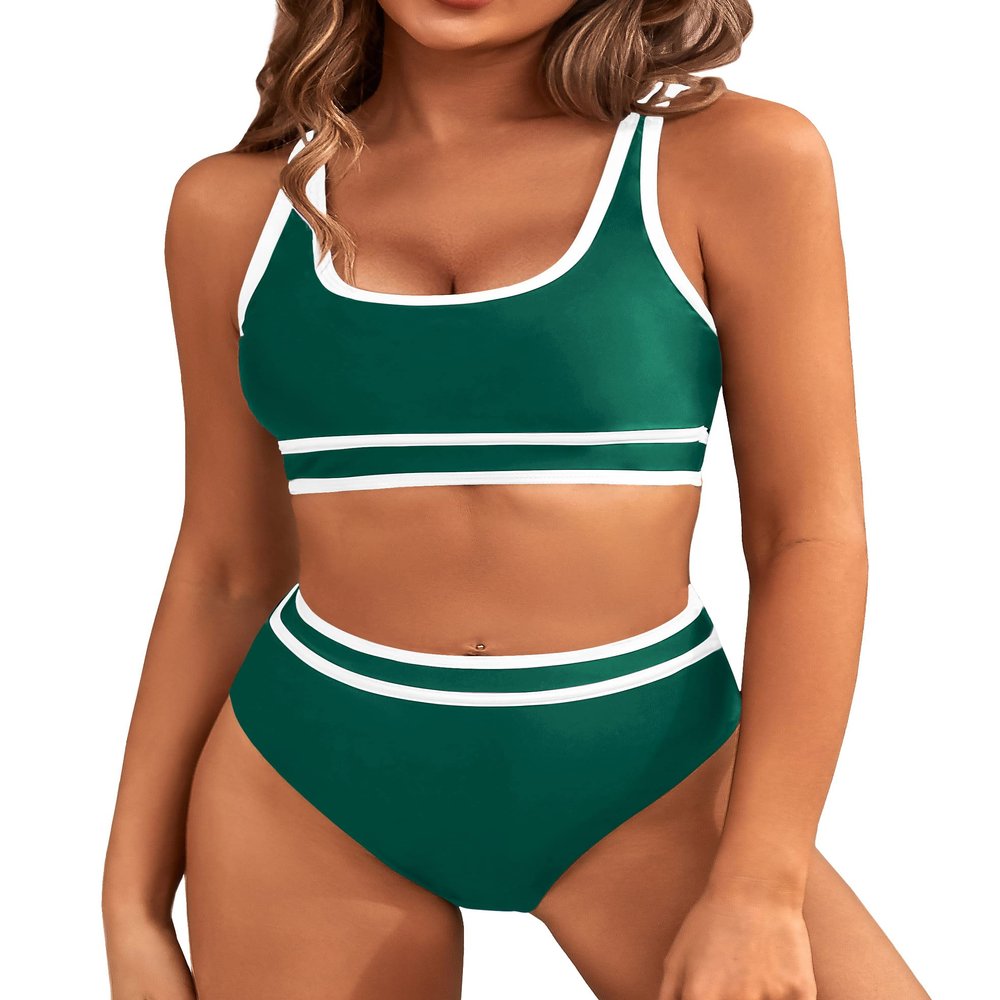 BMJL Women's High Waisted Bikini Sets Sporty Two Piece Swimsuits Color Block Cheeky High Cut Bathing Suits(M,Green)