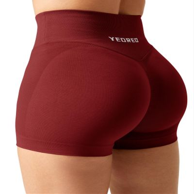 YEOREO Scrunch Workout Shorts Women Butt Lifting 3.5" Seamless V Cross Waist Amplify Shorts Buttery Soft Gym Shorts Wine Small