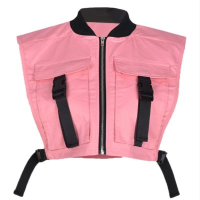 Bnigung Women's Sexy Crop Cargo Vest Sleeveless Buckle Zip Up Vest Jacket Tops Steampunk Streetwear with Pockets(Pink,XXL)