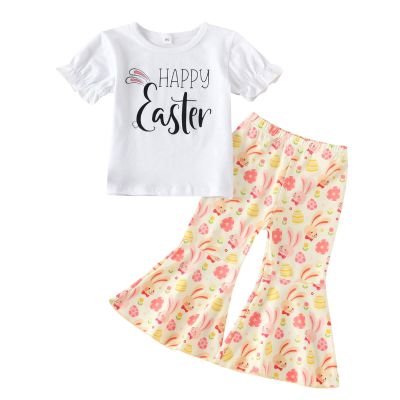 Toddler Girls Clothes Bell Bottom Sets Summer Loose Short Sleeve T Shirt Tops Striped Flared Pants (White-E, 2-3 Years)
