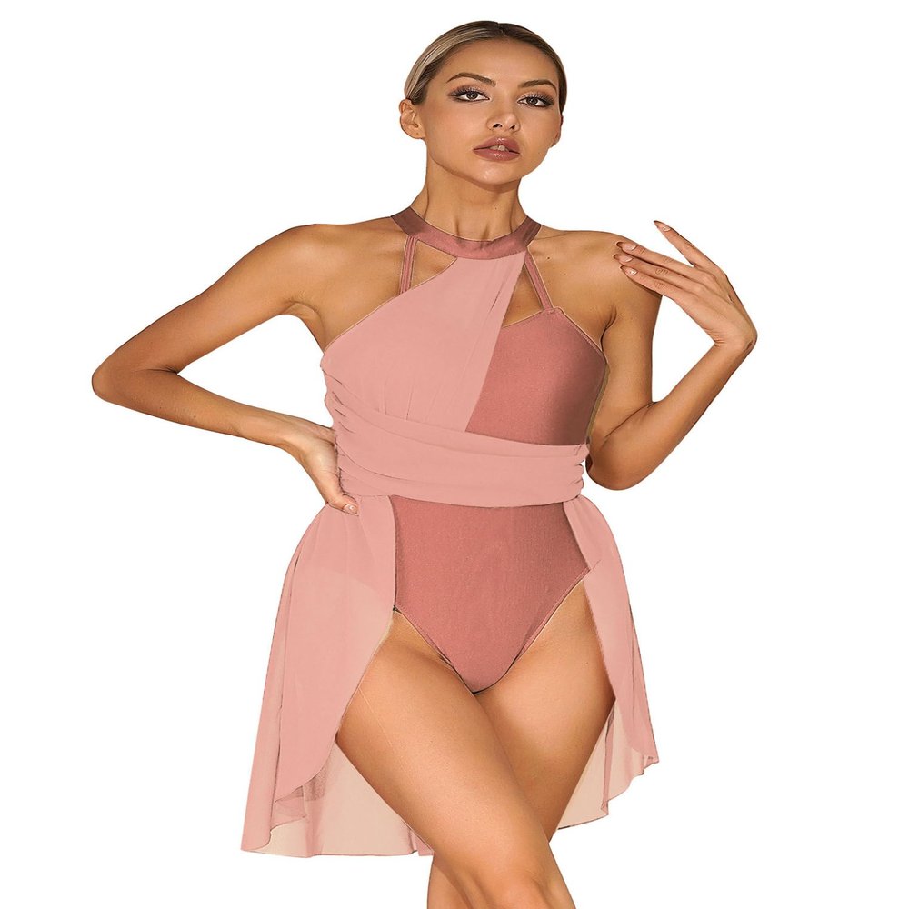 Hularka Women's Lyrical Modern Dance Color Block Ballet Leotard Dress for Dance Competition Costume A Apricot Large