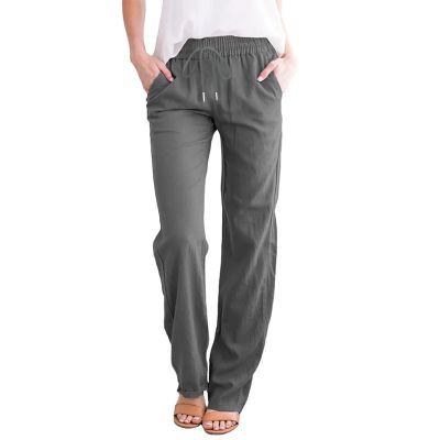 Uillui Pants for Women Casual Comfortable Straight Pants Cotton Linen Elastic Waist Slacks Trousers Loose Fit Wide Leg Pants, Z01_gray, XX-Large