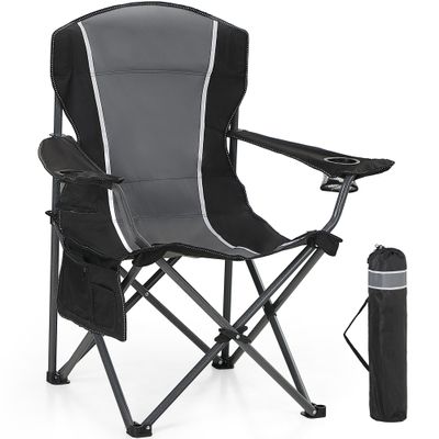HIGH POINT SPORTS Oversized Camping Folding Outdoor Chair with Armrest, Collapsible Portable Lawn Chair with Cup Holder for Adults Support 350 LBS, Gray-Black