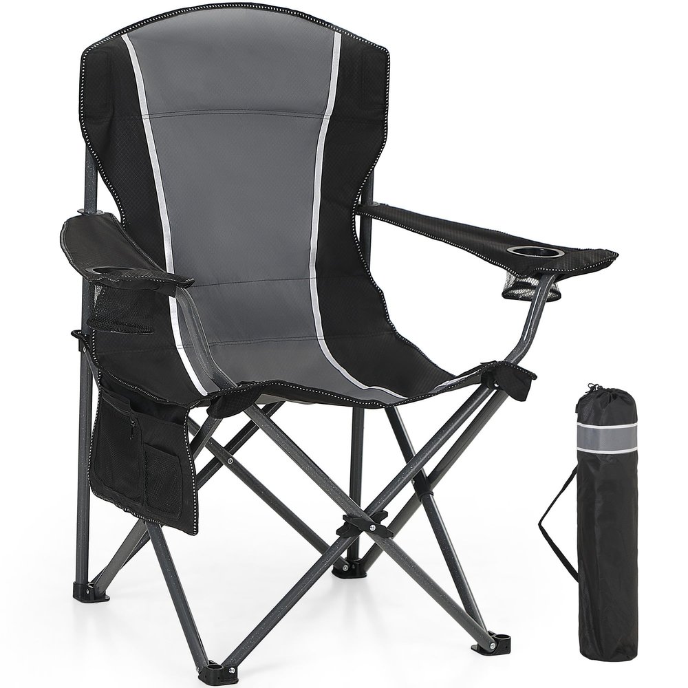 HIGH POINT SPORTS Oversized Camping Folding Outdoor Chair with Armrest, Collapsible Portable Lawn Chair with Cup Holder for Adults Support 350 LBS, Gray-Black