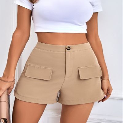 ABZEKH Shorts for Women Shorts Women's Shorts High Waist Flap Detail Shorts Shorts (Color : Khaki, Size : Small)