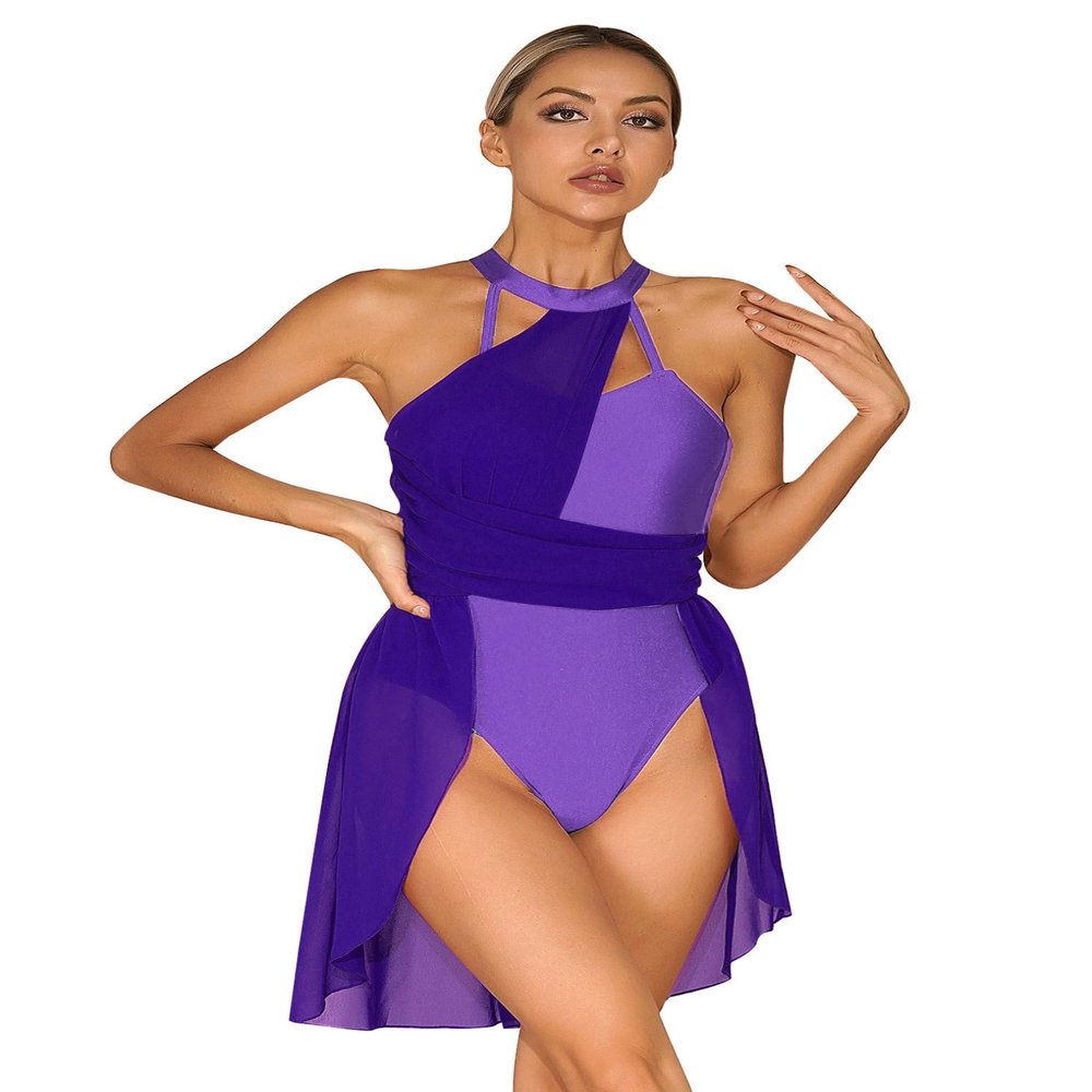 Hularka Women's Lyrical Modern Dance Color Block Ballet Leotard Dress for Dance Competition Costume A Dark Purple Large