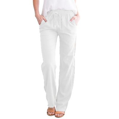 Uillui Pants for Women Casual Comfortable Straight Pants Cotton Linen Elastic Waist Slacks Trousers Loose Fit Wide Leg Pants, Z01_white, XX-Large