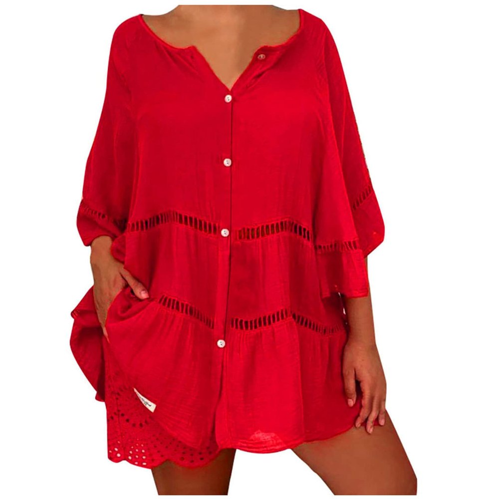 HGps8w Plus Size Cotton Linen Shirts for Women Summer Loose Button Down 3/4 Sleeve Boho Casual Tunic Tops Beach Cover-ups