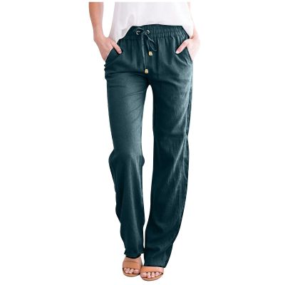 Uillui Pants for Women Casual Comfortable Straight Pants Cotton Linen Elastic Waist Slacks Trousers Loose Fit Wide Leg Pants