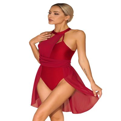 Hularka Women's Lyrical Modern Dance Color Block Ballet Leotard Dress for Dance Competition Costume A Burg Small