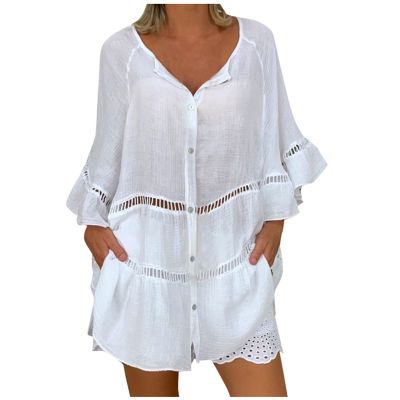 HGps8w Plus Size Cotton Linen Shirts for Women Summer Loose Button Down 3/4 Sleeve Boho Casual Tunic Tops Beach Cover-ups
