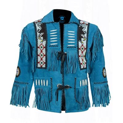 Western Native Indian American Cowboy Aqua Blue Suede Leather Fringes & Beads Coat (Leather, L)