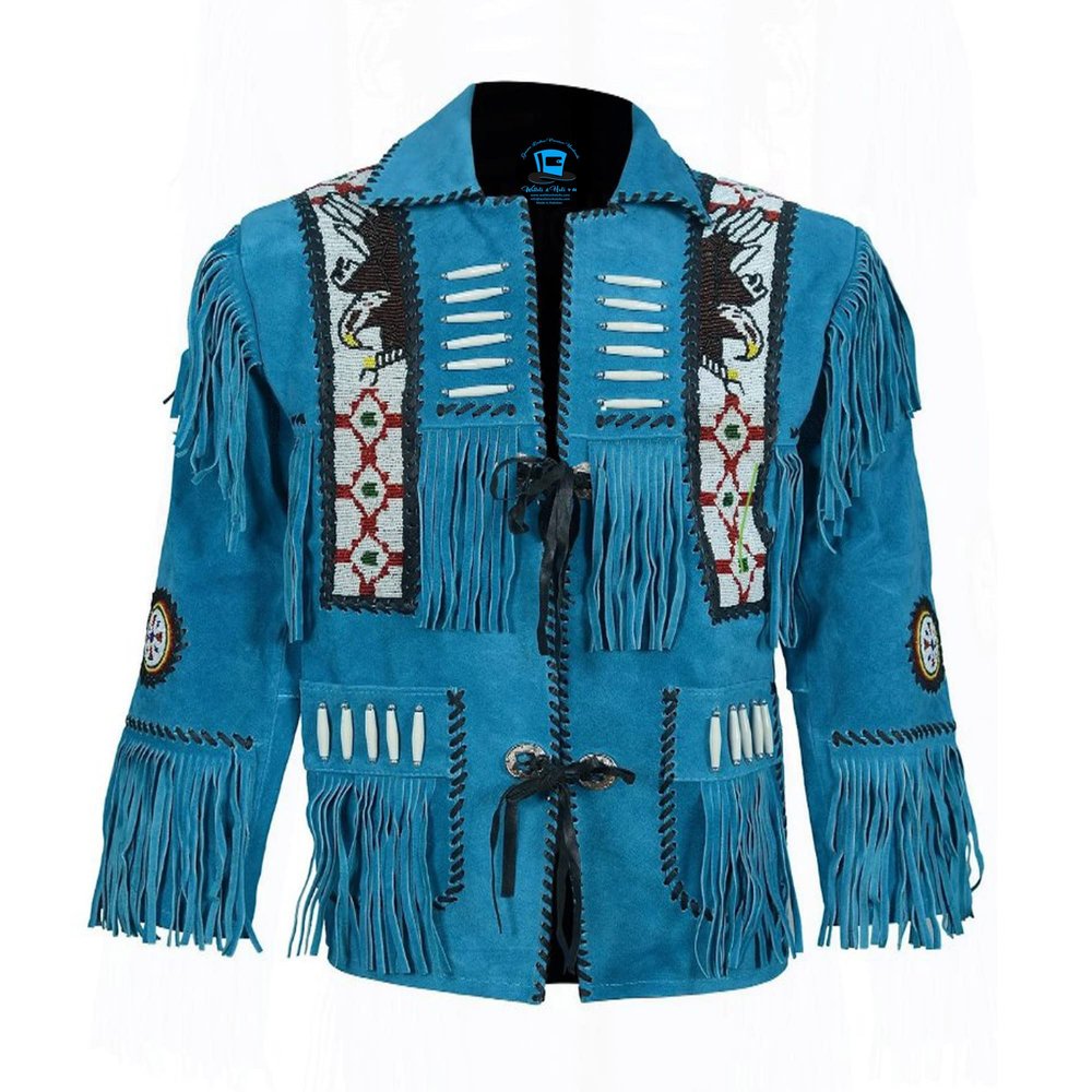 Western Native Indian American Cowboy Aqua Blue Suede Leather Fringes & Beads Coat (Leather, L)