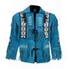 Western Native Indian American Cowboy Aqua Blue Suede Leather Fringes & Beads Coat (Leather, L)