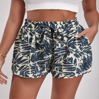 ABZEKH Shorts for Women Shorts Women's Shorts Plants Print Paperbag Waist Belted Shorts Shorts (Color : Multicolor, Size : Medium)