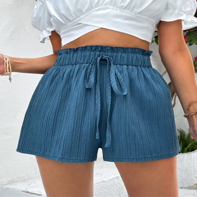 ABZEKH Shorts for Women Shorts Women's Shorts Paperbag Waist Knot Front Shorts Shorts (Color : Blue, Size : Medium)