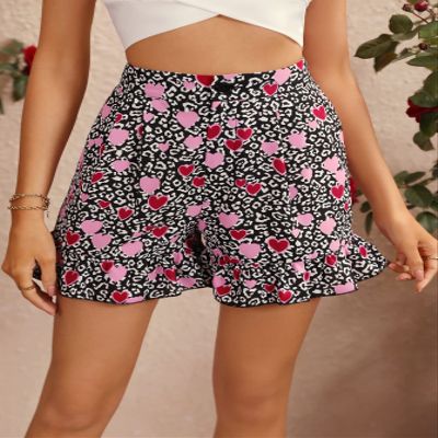ABZEKH Shorts for Women Shorts Women's Shorts Heart & Leopard Print Ruffle Hem Shorts Shorts (Color : Black, Size : Small)