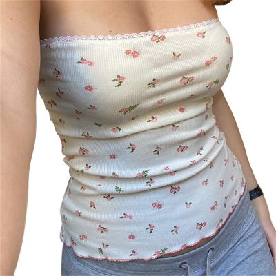 Women Y2K Sexy Lace Tube Top Vintage Lace Trim Camisole Slim Fitted Crop Top Cami Top Mini Vest Shirt Streetwear (White-T, M)