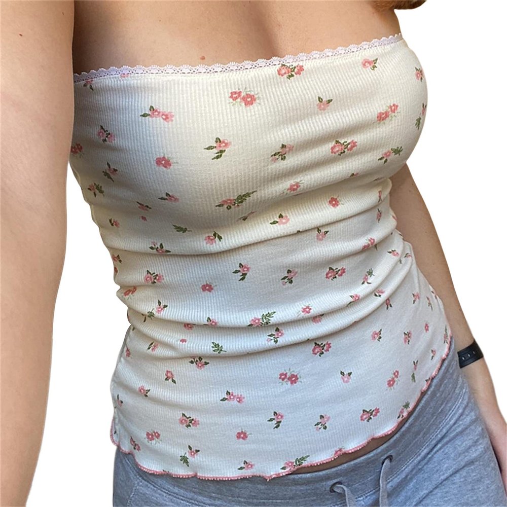 Women Y2K Sexy Lace Tube Top Vintage Lace Trim Camisole Slim Fitted Crop Top Cami Top Mini Vest Shirt Streetwear (White-T, M)