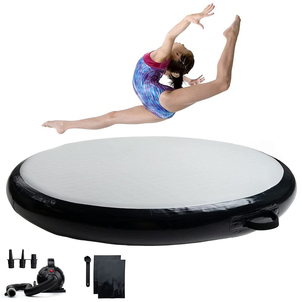 Round Inflatable Gymnastics Mat, 10cm 20cm Thick Air Mat Gymnastics Tumble Track Tumbling Mat with Electric Pump and Repair Kit for Home Gym Training Yoga Cheerleading,Black,100x20cm