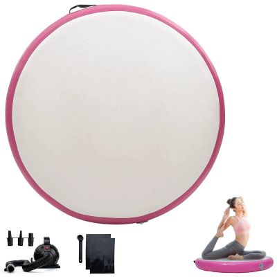 3.3FT Air Spot Inflatable Gymnastic Mat, 4" Thick Tumbling Exercise Training Mat with Electric Air Pump, Waterproof Inflatable Round Springboard Gym Mats Yoga Floor Mat,Pink