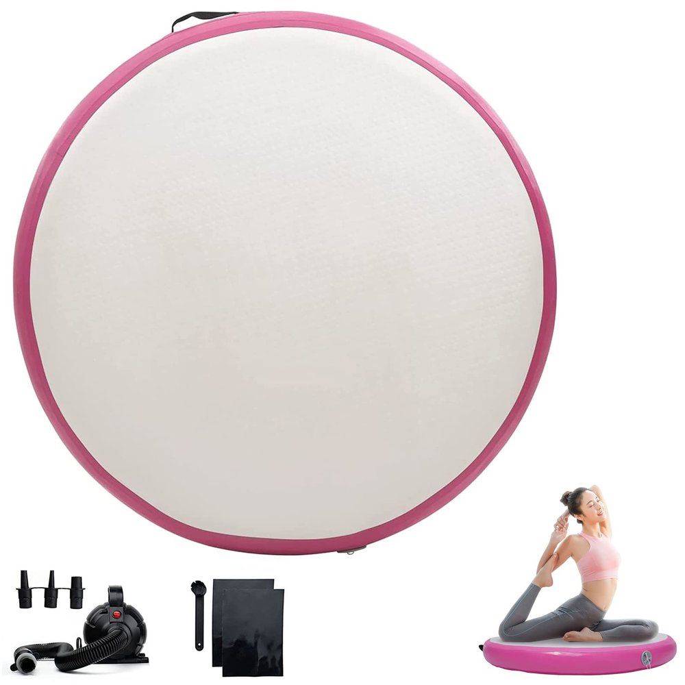 3.3FT Air Spot Inflatable Gymnastic Mat, 4" Thick Tumbling Exercise Training Mat with Electric Air Pump, Waterproof Inflatable Round Springboard Gym Mats Yoga Floor Mat,Pink