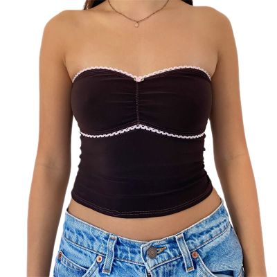 Women Y2K Sexy Lace Tube Top Vintage Lace Trim Camisole Slim Fitted Crop Top Cami Top Mini Vest Shirt Streetwear (Black-R, M)
