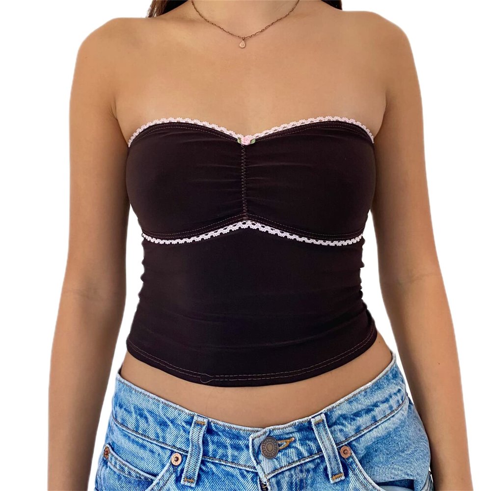 Women Y2K Sexy Lace Tube Top Vintage Lace Trim Camisole Slim Fitted Crop Top Cami Top Mini Vest Shirt Streetwear (Black-R, M)