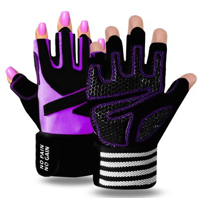 Weight Lifting Gloves for Women Gym Workout with Wrist Support,Padded Half Finger Gloves for Fitness Exercise (Violet, Medium)