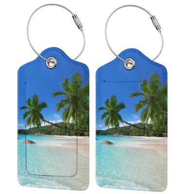 2Pcs Tropical Palm Trees Luggage Tags with Beach Landscape, Beautiful Identifier Labels with Blue Sky Background for Suitcase Baggage Bag, Travel Tags with Privacy Cover Id Card Stainless Steel Loop