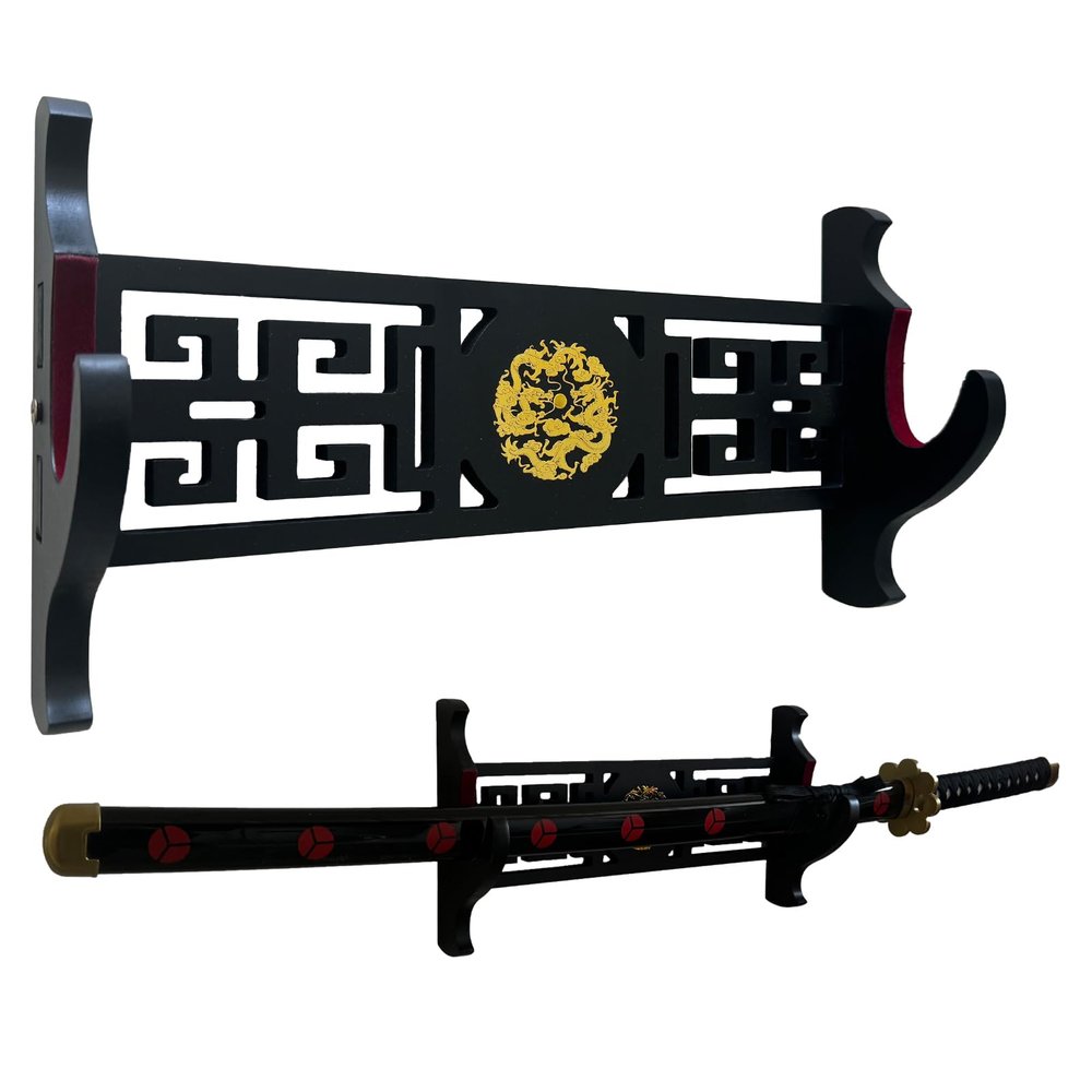 GUIIYLGG Sword Holder Katana Wall Mount - 1-Tier dragon icon Velvet Padded Katana Holder Samurai Sword Display Rack Wand Lightsabe Wakizashi Sword Stand Display Hanger