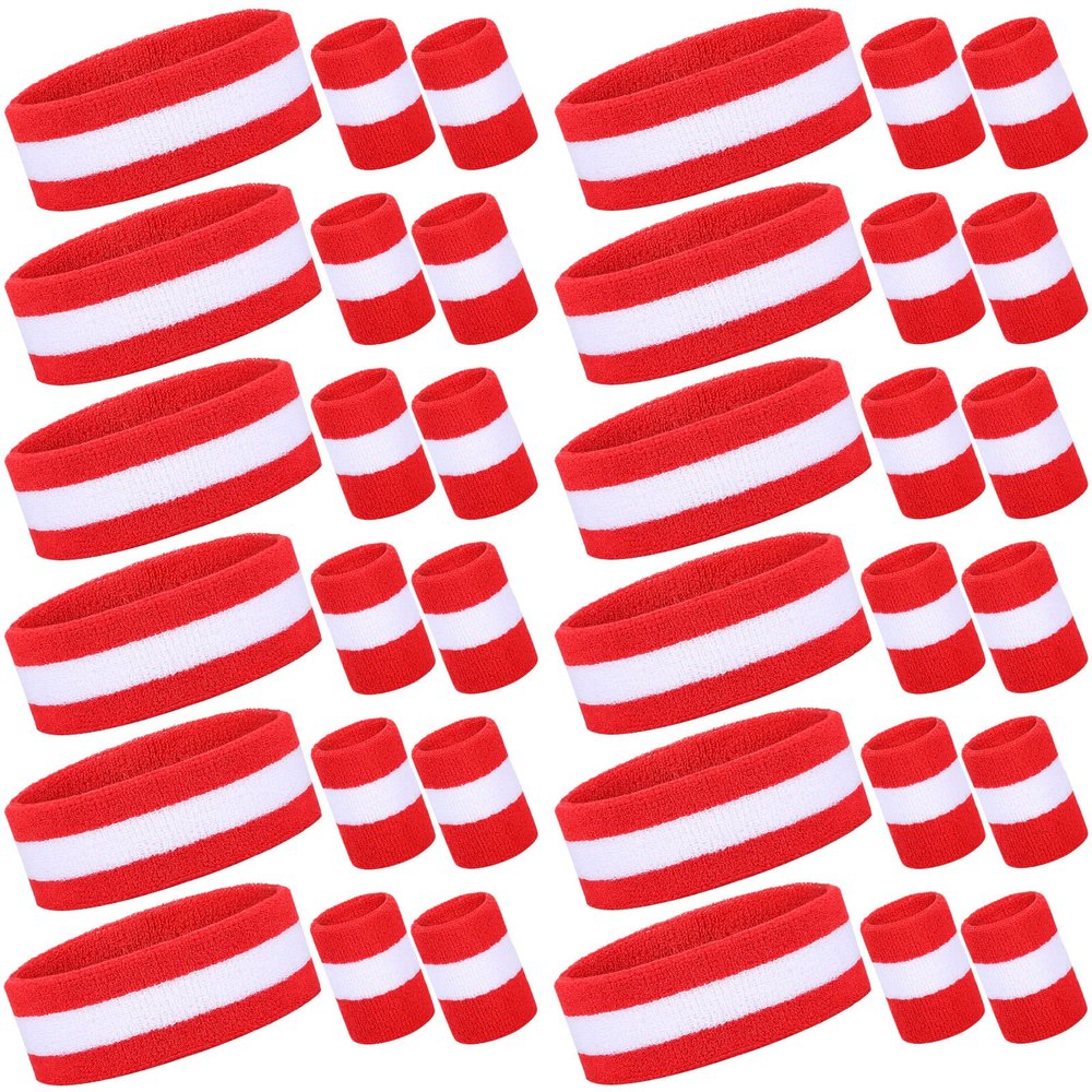 Eurzom 36 Piece Striped Sweatband Set - 12 Sweat Absorbing Striped Headbands and 24 Cotton Wristbands for Gym, Sports (Red, White)