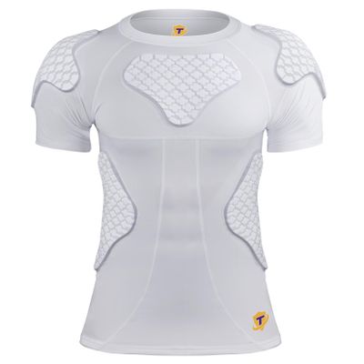DGXINJUN Men Padded Compression Shirt Sports Short Sleeve Protective T-Shirt Shoulder Rib Chest Back Protector Pads Support Shirt for Adult Football Basketball Paintball Rugby Training (Large, White)