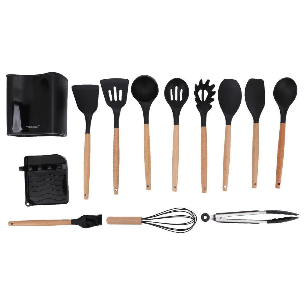 13 Pcs Outdoor Camping Utensils Set, Non Stick Silicone Cookware Set with Heat Resistant Wooden Handle, Safe Odorless Picnic Utensils with Rack Storage Box for Hiking Camping Cooking